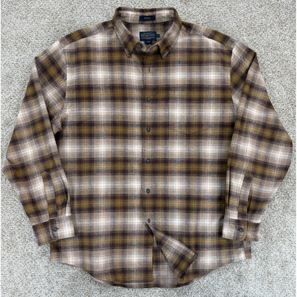 Pendleton Mason Flannel Shirt Men's Size XL Brown Plaid 100% Cotton Button Down
